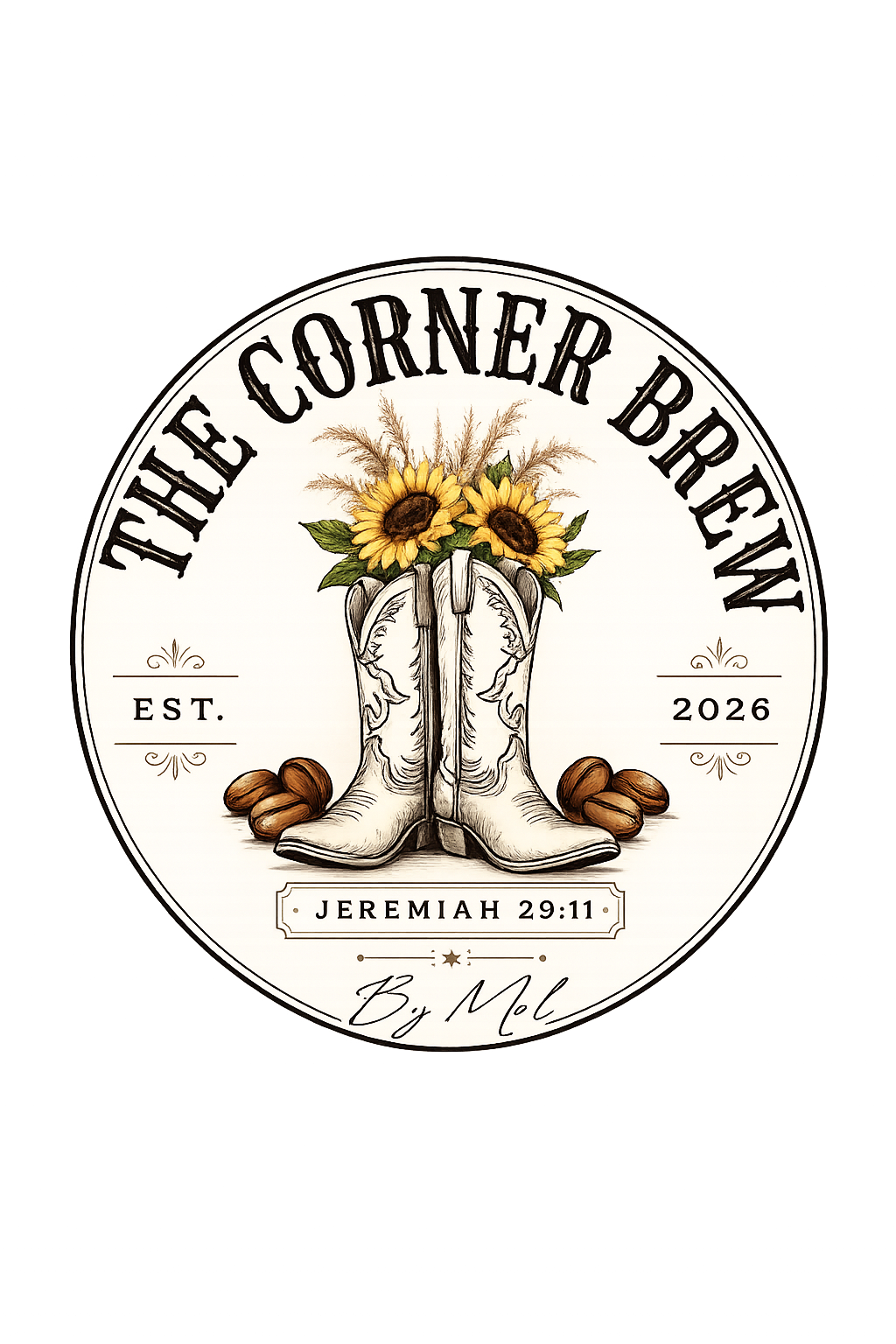 The Corner Brew by Mel — cowboy boots with sunflowers, Jeremiah 29:11